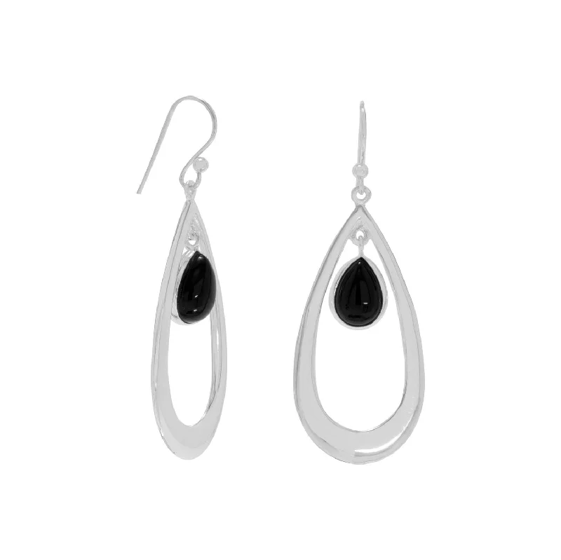 Drop Earrings for Wellness Routine -Polished French Wire Earrings with Black Onyx Drop