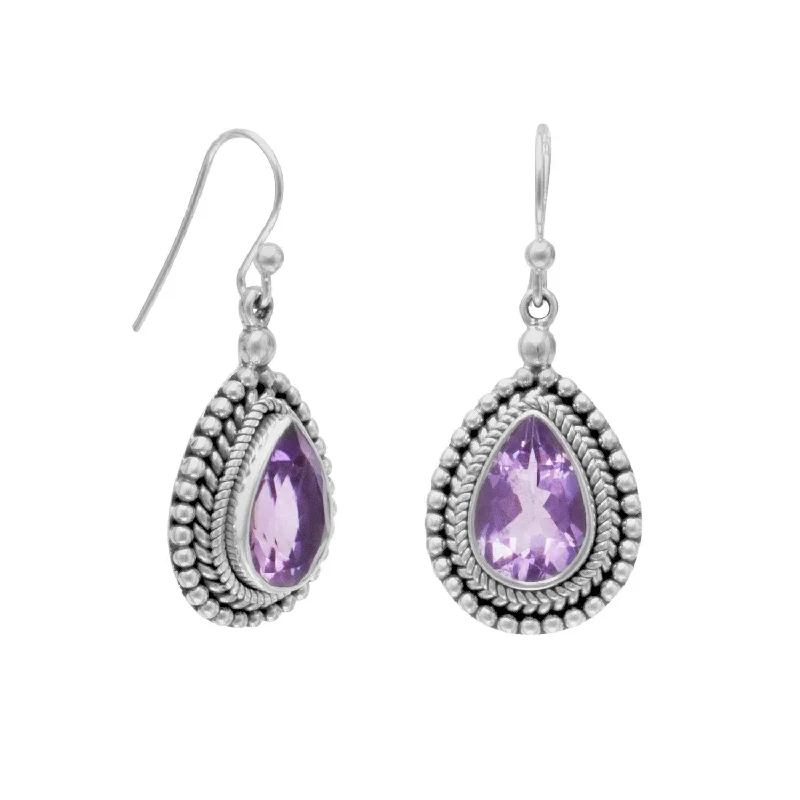 Drop Earrings with Symbolic Elements -Oxidized Amethyst with Bead Edge Earrings