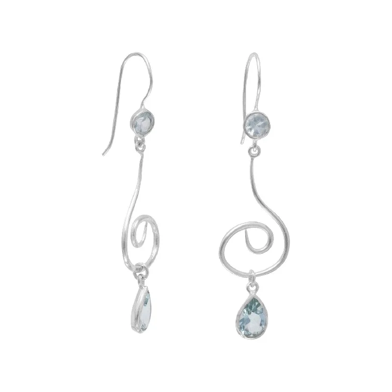 Drop Earrings with Abstract Designs -Swirl Design Earrings with Faceted Blue Topaz