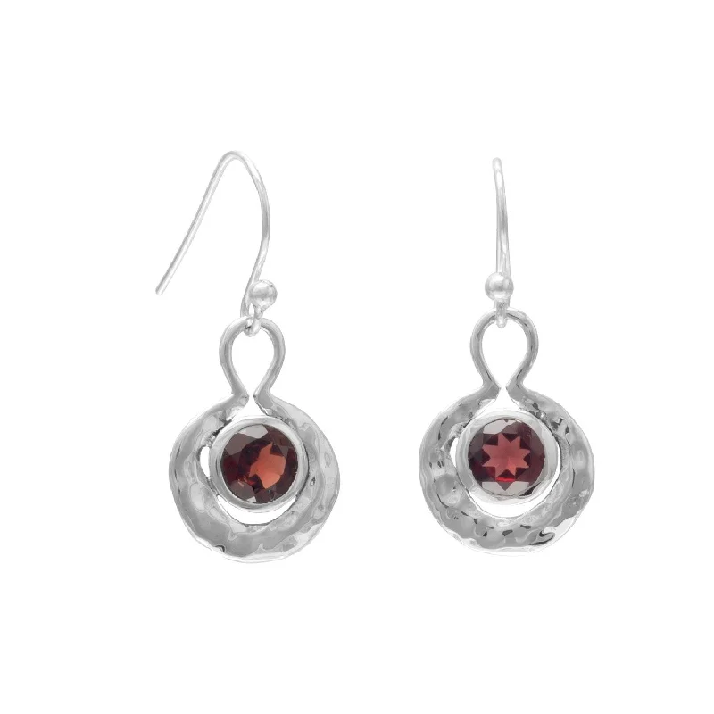 Drop Earrings with Floral Motifs -Oxidized Round Hammered Earrings With Garnet