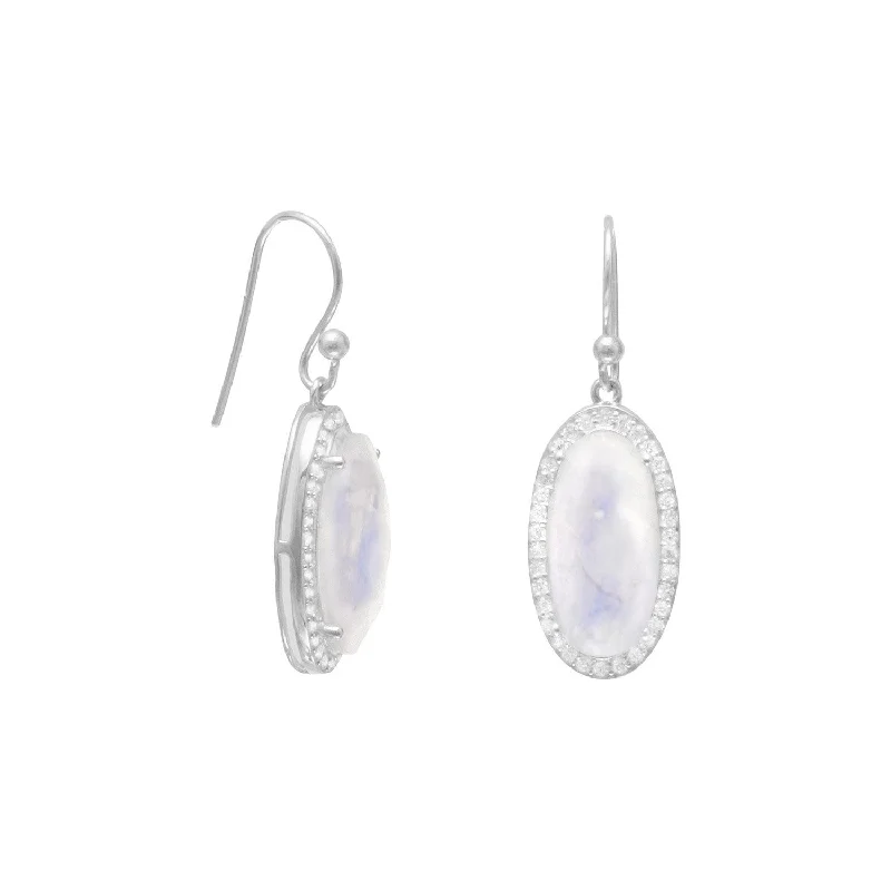 Drop Earrings with Vine Designs -Oblong Rainbow Moonstone Earrings with CZ Edge