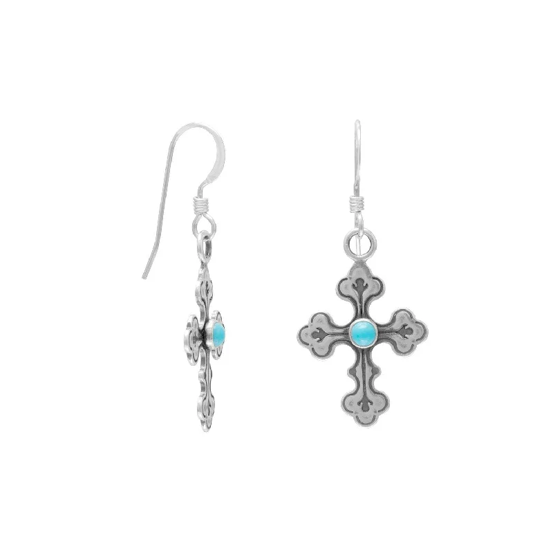 Drop Earrings with Chevron Designs -Oxidized Cross Earrings with Turquoise Center