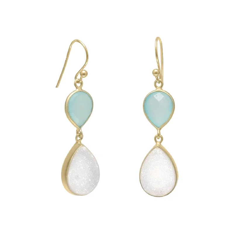 Crystal Drop Earrings for Sparkle -14K Gold Plated Earrings with Green Chalcedony and Druzy