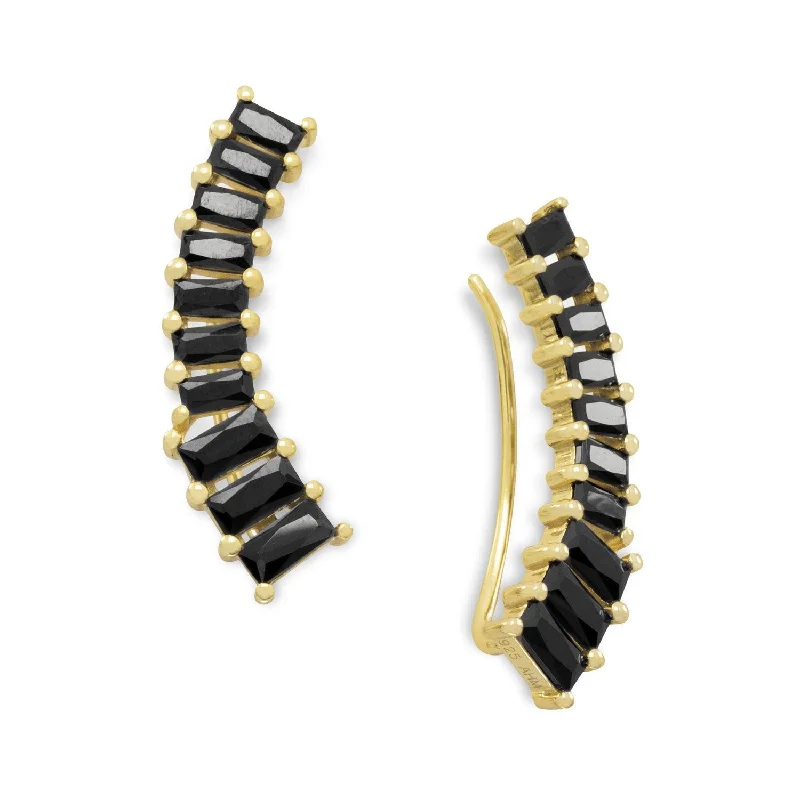 Square Drop Earrings for Modern -14 Karat Gold Plated Ear Climbers with Black CZs