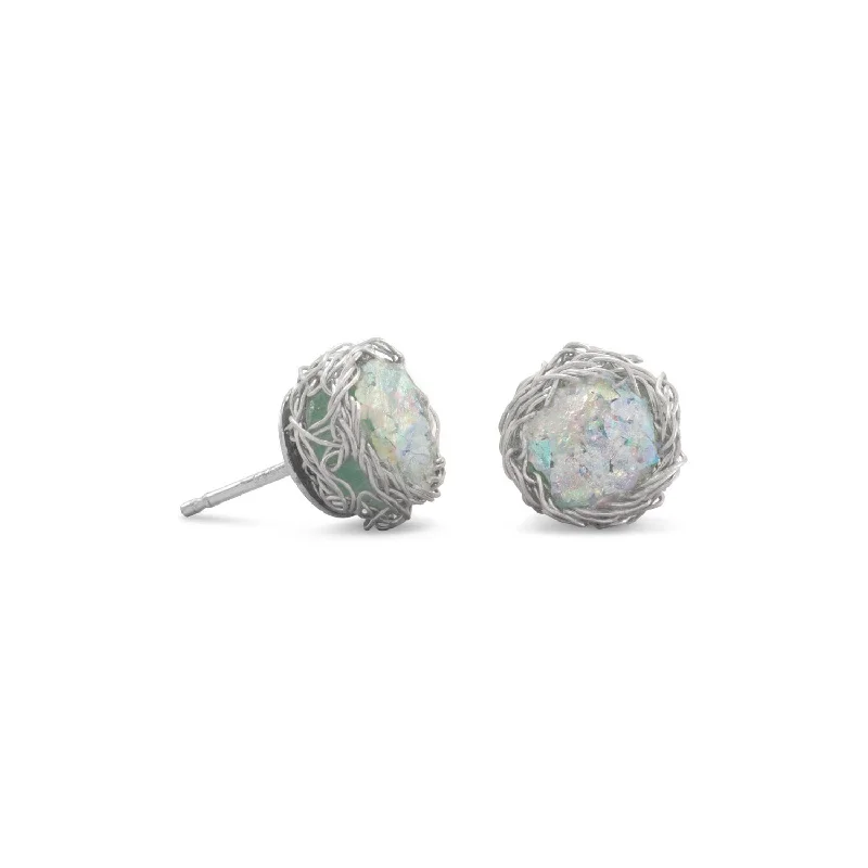 Oval Drop Earrings for Grace -Round Ancient Roman Glass Stud Earrings with Woven Wire Mesh