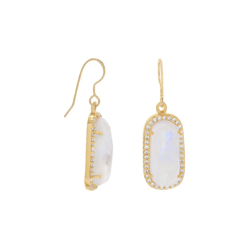 Floral Drop Earrings with Petals -14 Karat Gold Plated Rainbow Moonstone with CZ Edge Earrings