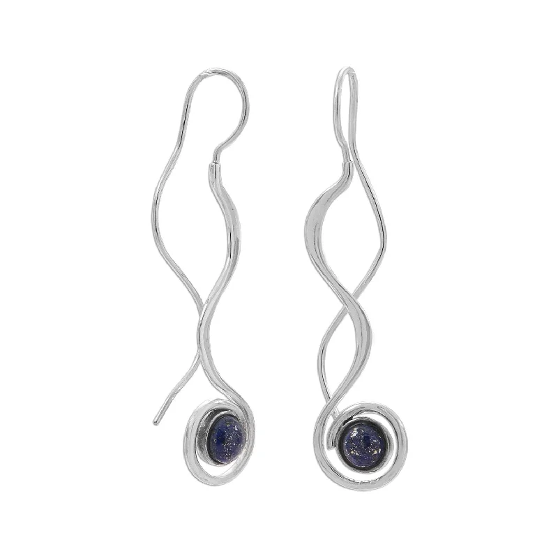 Retro Drop Earrings for Nostalgia -Polished Long Wavy Threader Earrings with Lapis