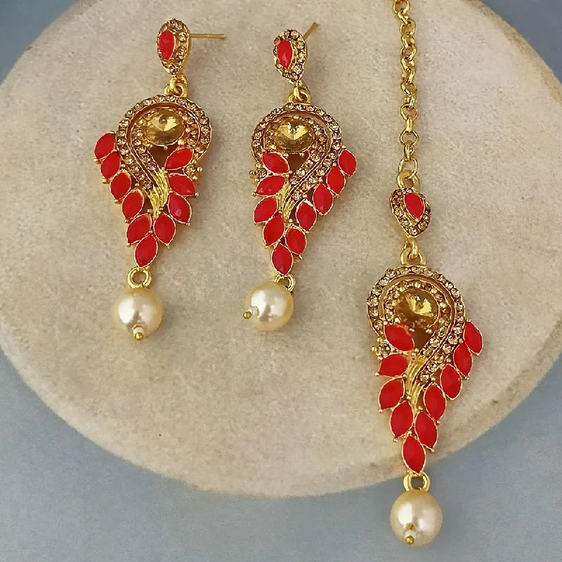 Drop Earrings with Wave Designs -Adi Gold Plated Kundan And Austrian Stone Earrings With Maang Tikka  - 1319262