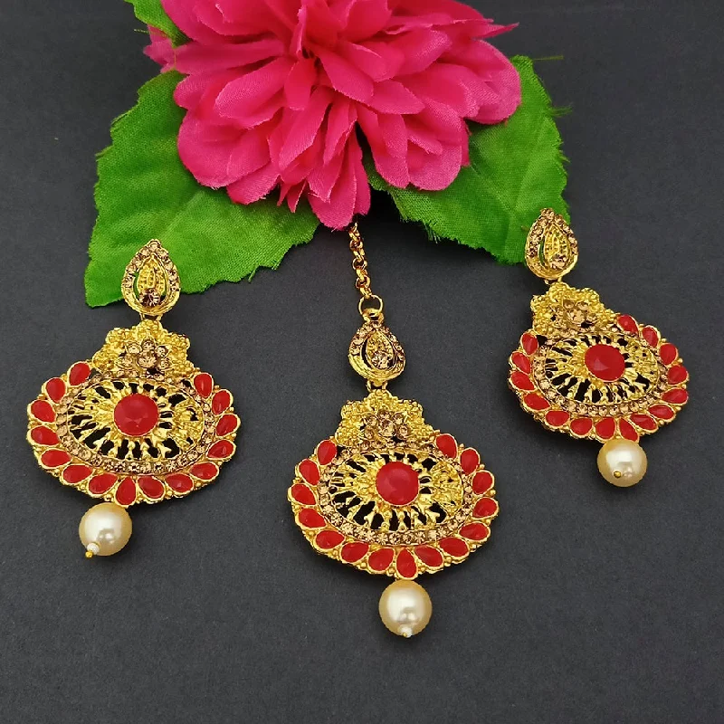 Drop Earrings with Floral Motifs -Adi Gold Plated Kundan And Stone Earrings With Maang Tikka - 1319264