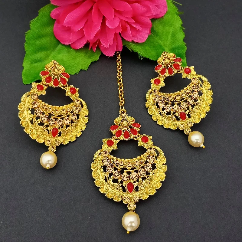 Drop Earrings with Symbolic Elements -Adi Gold Plated Kundan And Stone Earrings With Maang Tikka - 1319266