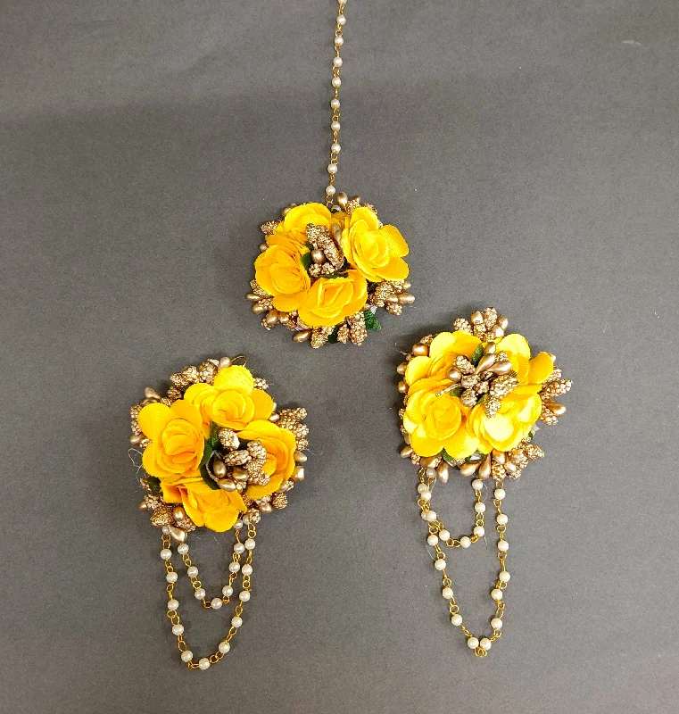 Drop Earrings with Leaf Motifs -Bhavi Jewels Yellow Floral Design Earrings With Maang tikka