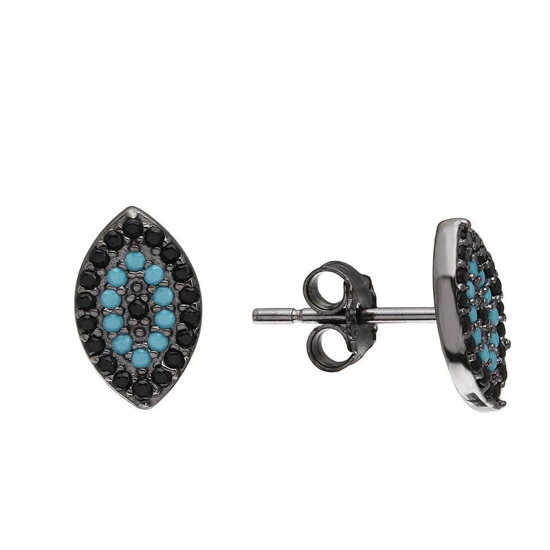 Floral Drop Earrings with Petals -Black Rhodium Plated 925 Sterling Silver Evil Eye Earrings with Black CZ and Turquoise Stones