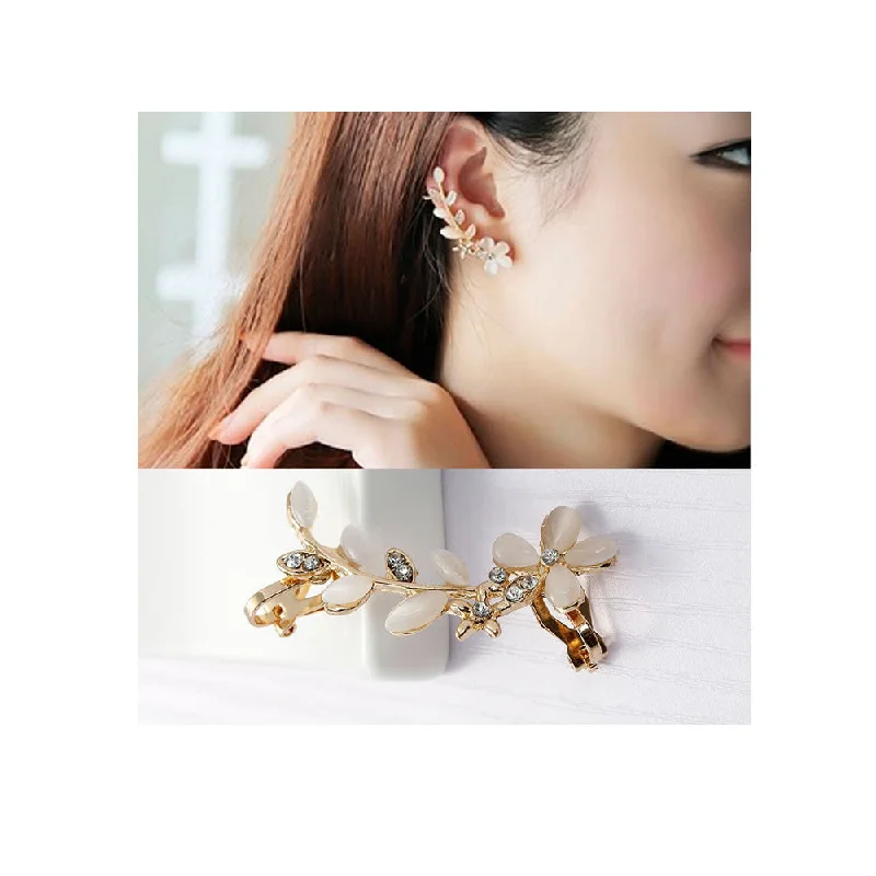 Drop Earrings with Textured Surface -Ear Cuff Clip On Stud Wrap Earrings For Left Ear Gold Plated With Clear Rhinestone