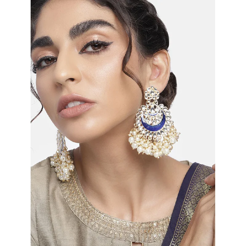 Drop Earrings with Wave Designs -Etnico Gold Plated Intricately Designed Traditional Meenakari Chandbali Earrings Glided With Kundans & Pearls (E306Bl) For womens