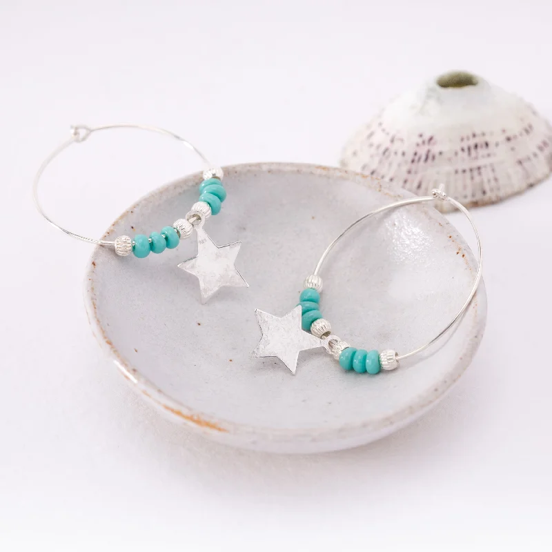 Drop Earrings for Formal Attire -Silver Hoop Earrings with Turquoise beads and Silver Star