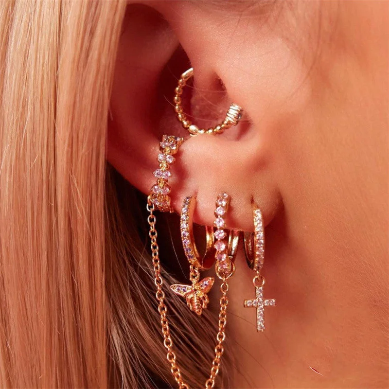 Geometric Drop Earrings for Trend -Crystal Hoop And Gold Chain Are Connected With Matching Cuff Earrings