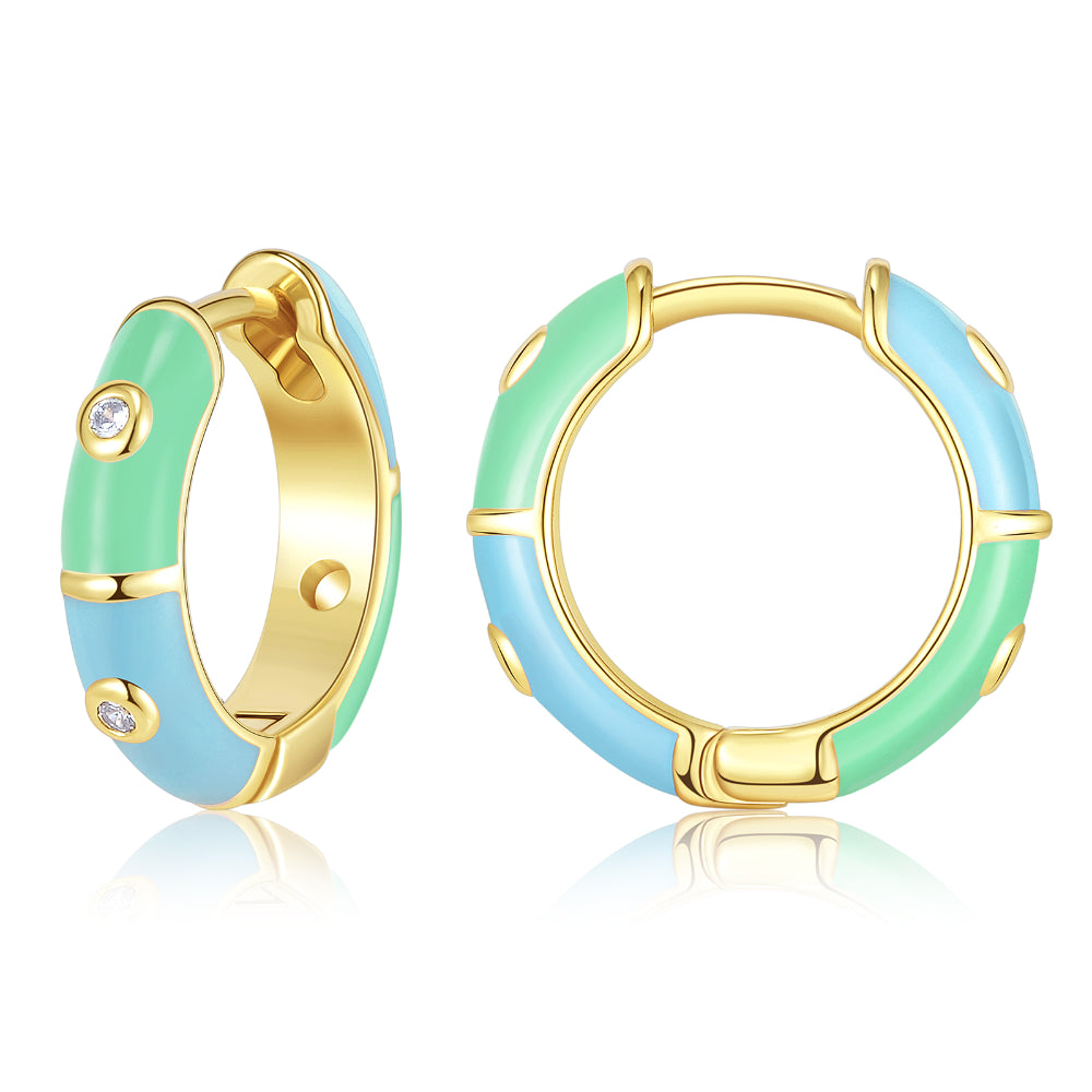 Drop Earrings with Keyhole Designs -Dainty Dual-color Enamel Small Hoop Colorful Cute Huggie Earrings Color with Blue-Green