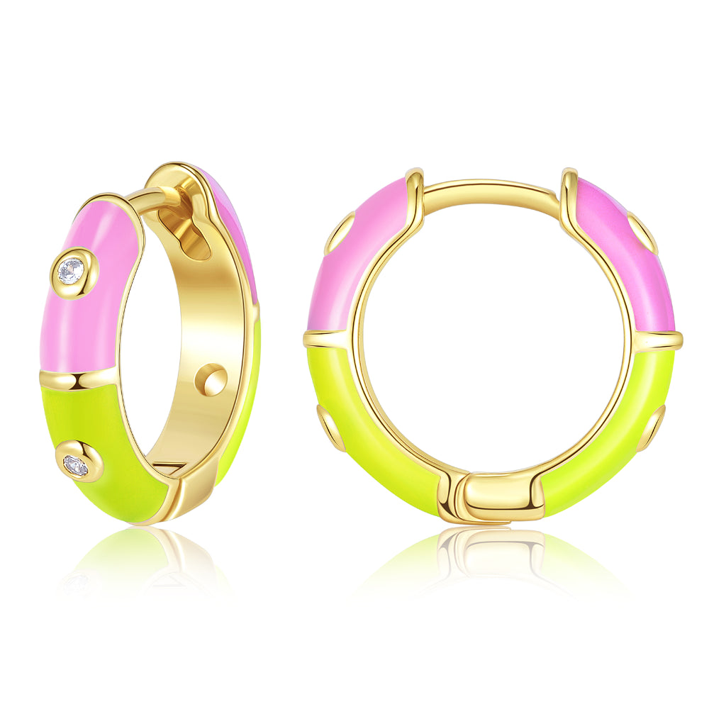 Drop Earrings with Infinity Symbols -Dainty Dual-color Enamel Small Hoop Colorful Cute Huggie Earrings Color with Yellow-Pink