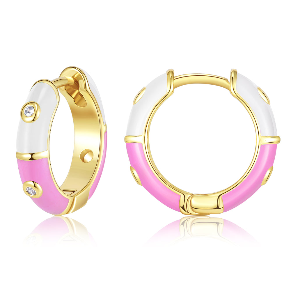 Drop Earrings with Animal Motifs -Dainty Dual-color Enamel Small Hoop Colorful Cute Huggie Earrings with White-Pink Color