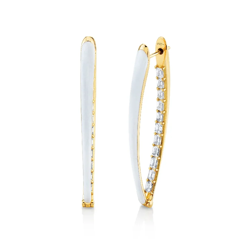 Drop Earrings with Polished Shine -Diamond Hoop Earrings with White Enamel