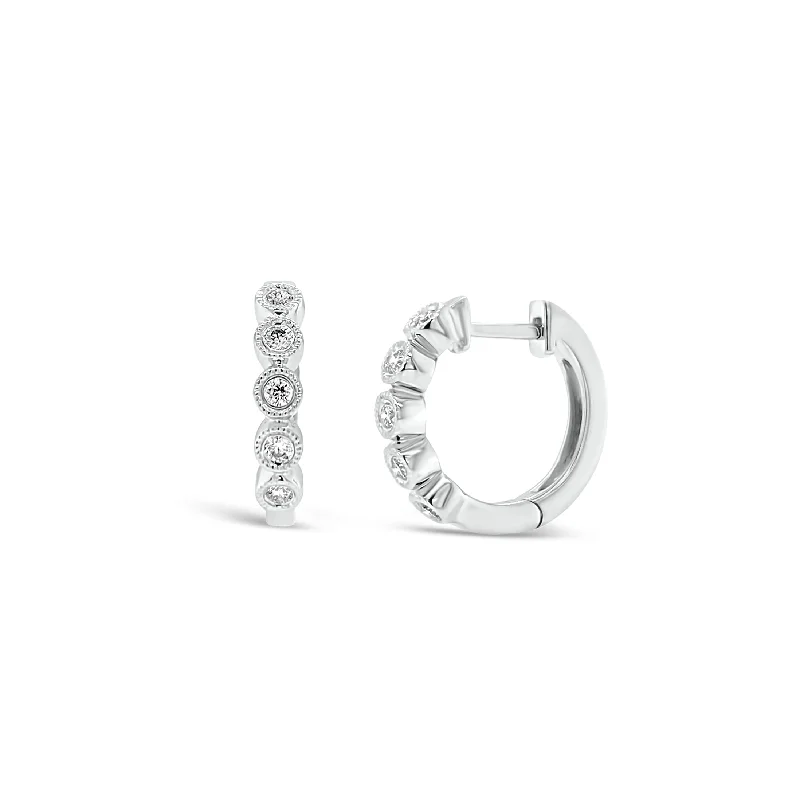 Drop Earrings with Leaf Motifs -Diamond Huggie Earrings with Milgrain Detail