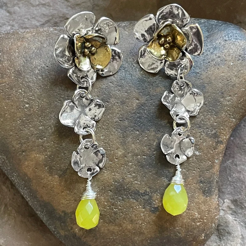 Drop Earrings for Evening Gown -Double Dogwood Flower Earrings with Brass Center and Dogwood and Olive Quartz Drop