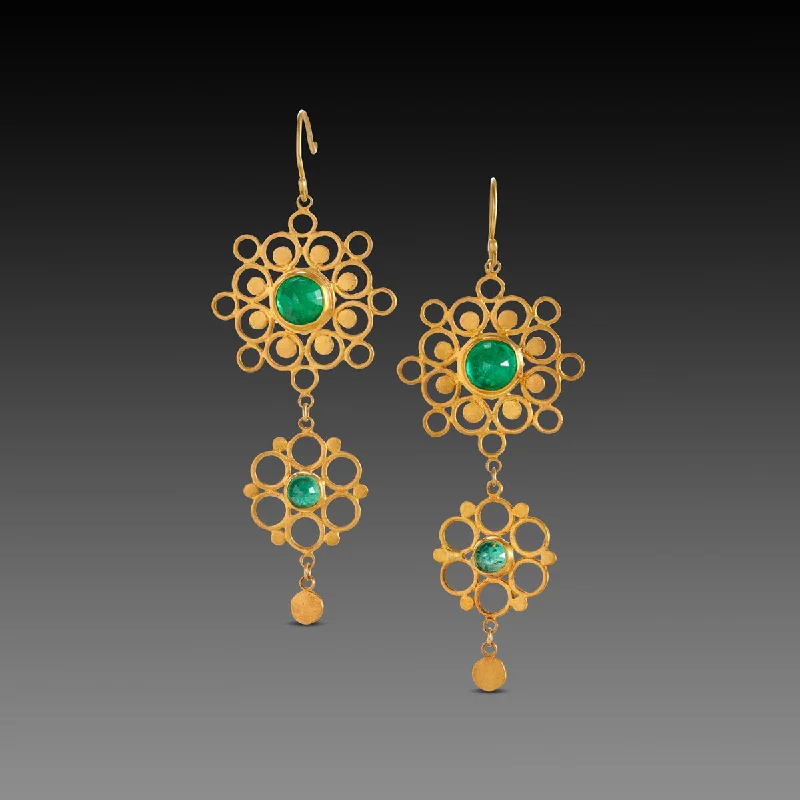 Gothic Drop Earrings with Dark Tone -Double Mandala Earrings with Emeralds