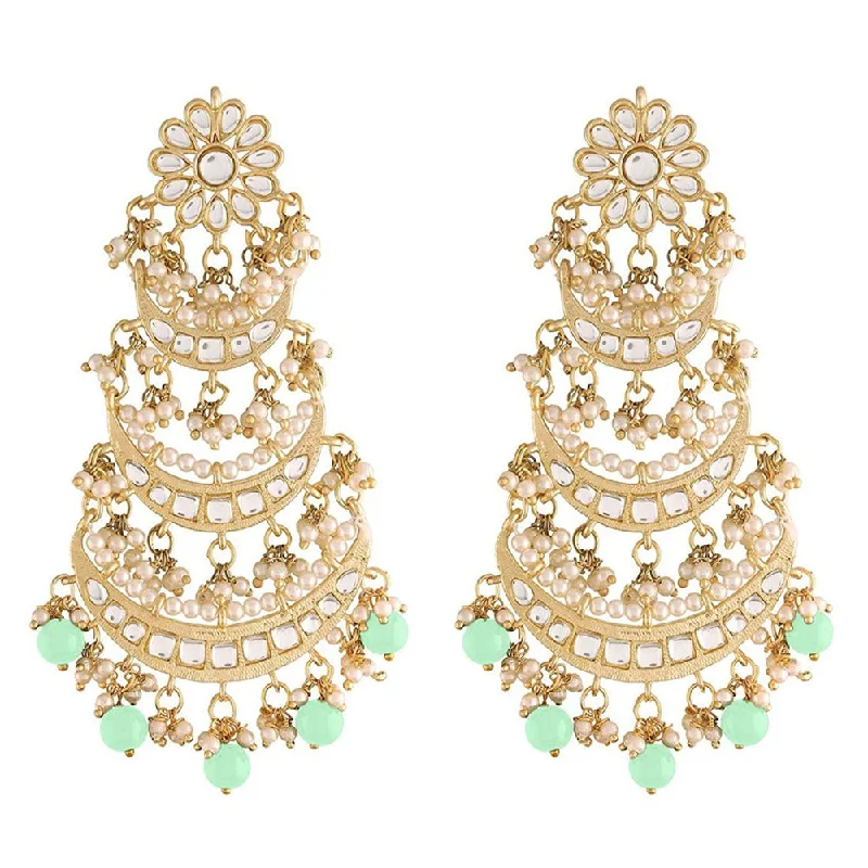 African Drop Earrings with Culture -Etnico 18k Gold Plated 3 Layered Beaded Chandbali Earrings with Kundan and Pearl Work for Women (E2859-1) (Mint)