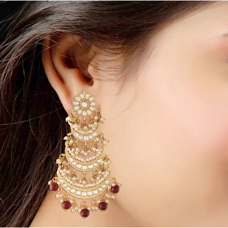 Hypoallergenic Drop Earrings for Sensitive -Etnico 18k Gold Plated 3 Layered Beaded Chandbali Earrings with Kundan and Pearl Work for Women (E2859M)