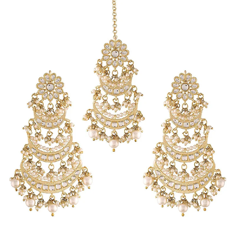 Crystal Drop Earrings for Sparkle -Etnico 18k Gold Plated 3 Layered Pearl Kundan Chandbali Earrings with Maang Tikka for Women (TE2859)