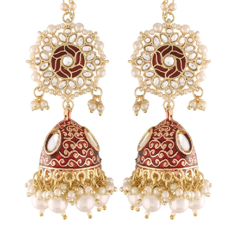 Heavy Duty Drop Earrings for Durability -Etnico 18K Gold Plated Alloy Intricately Designed Traditional with Detachable Hair Chain Encased with Kundans and Pearls Jhumka Earrings For Women (E2906M)