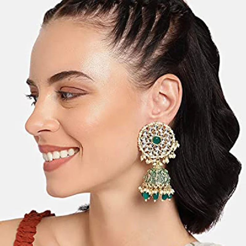 Waterproof Drop Earrings for Outdoor -Etnico 18K Gold Plated Alloy Intricately Designed Traditional with Detachable Hair Chain Encased with Kundans and Pearls Jhumka Earrings For Women (E2910G)