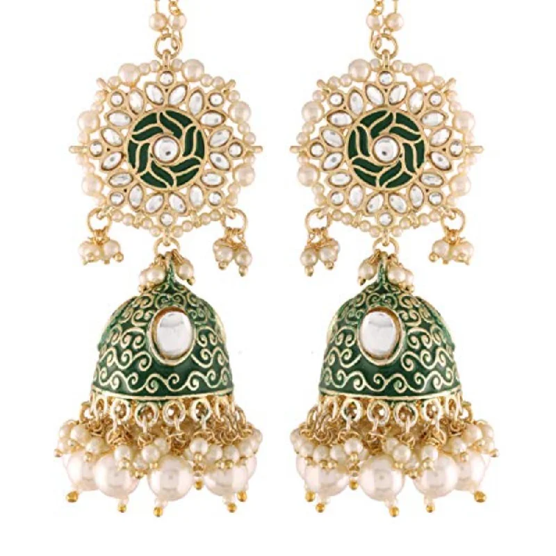 Adjustable Drop Earrings for Custom Fit -Etnico 18K Gold Plated Alloy Intricately Designed Traditional with Detachable Hair Chain Encased with Kundans and Pearls Jumki Earrings For Women (E2906G)