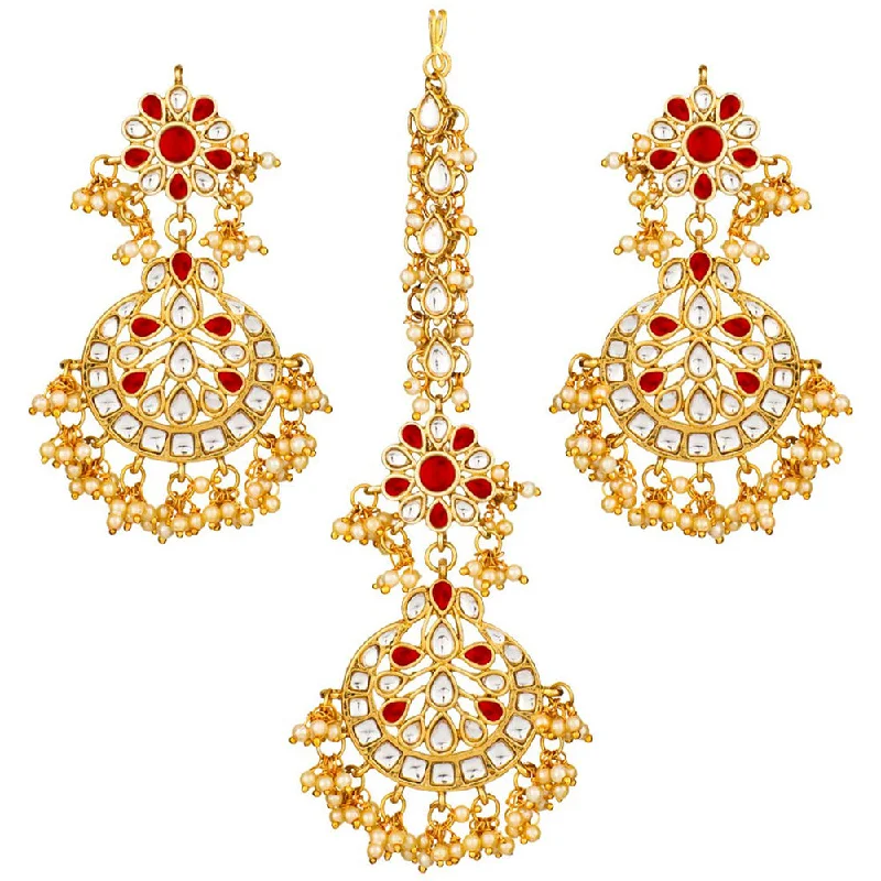 Pearl Drop Earrings for Elegance -Etnico 18K Gold Plated Bridal Earrings with Maang Tikka Set Studded with Kundan & Pearl for Women/Girls (TE2872M)