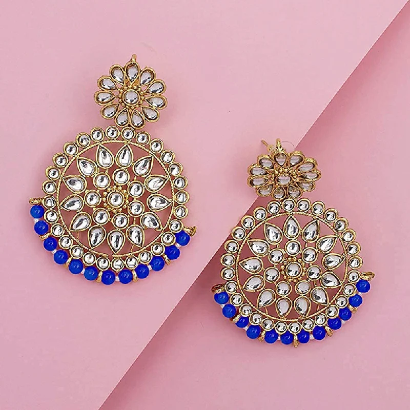 Drop Earrings for School Uniform -Etnico 18K Gold Plated Chandbali Earrings Glided With Kundans For Women/Girls (E2462Bl)