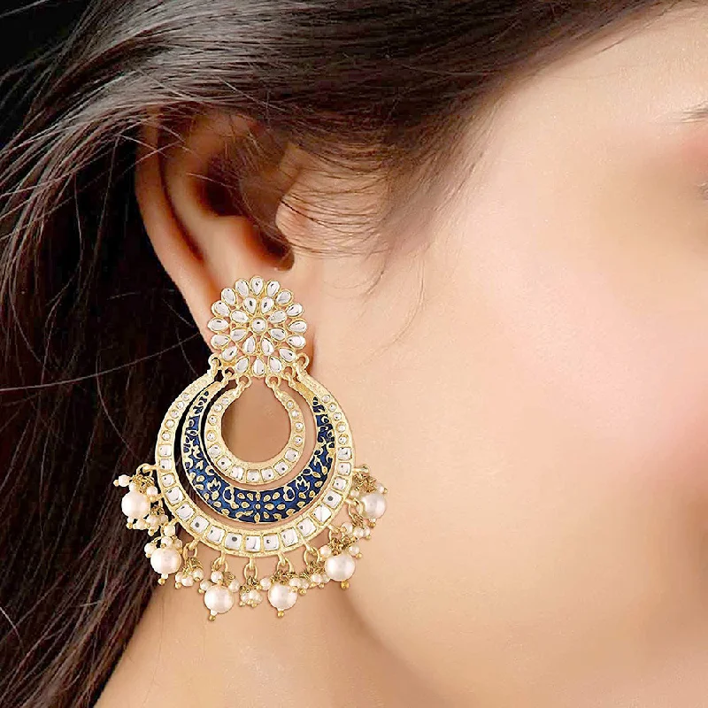 Maximalist Drop Earrings for Bling -Etnico 18k Gold Plated Enamel/Meenakari Big Chandbali Earrings Glided With Kundan & Pearl for Women (E2860BL)