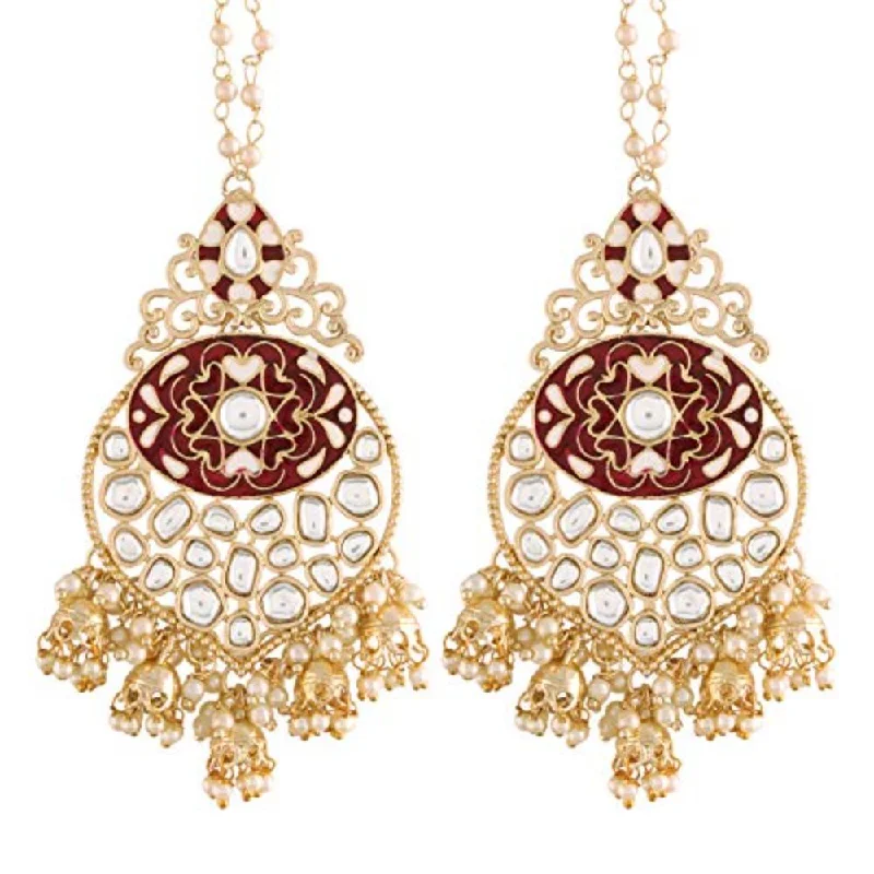 Drop Earrings with Enamel Coating -Etnico 18K Gold Plated Intricately Designed Traditional Earrings with Detachable Hair Chain Encased With Kundans & Pearls (E2901M)