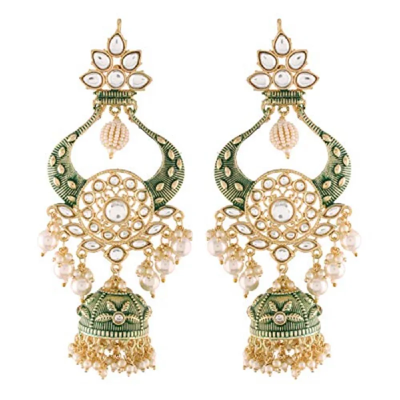 Drop Earrings with Filigree Work -Etnico 18K Gold Plated Intricately Designed Traditional Green Enamel Glided With Kundans & Pearls Jumka Earrings For Women (E2902G)