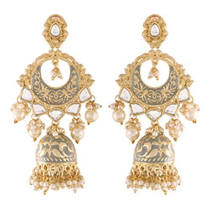 Detachable Drop Earrings with Charms -Etnico 18K Gold Plated Intricately Designed Traditional Grey Enamel Glided With Kundans & Pearls Jhumki Earrings For Women (E2905Gr)