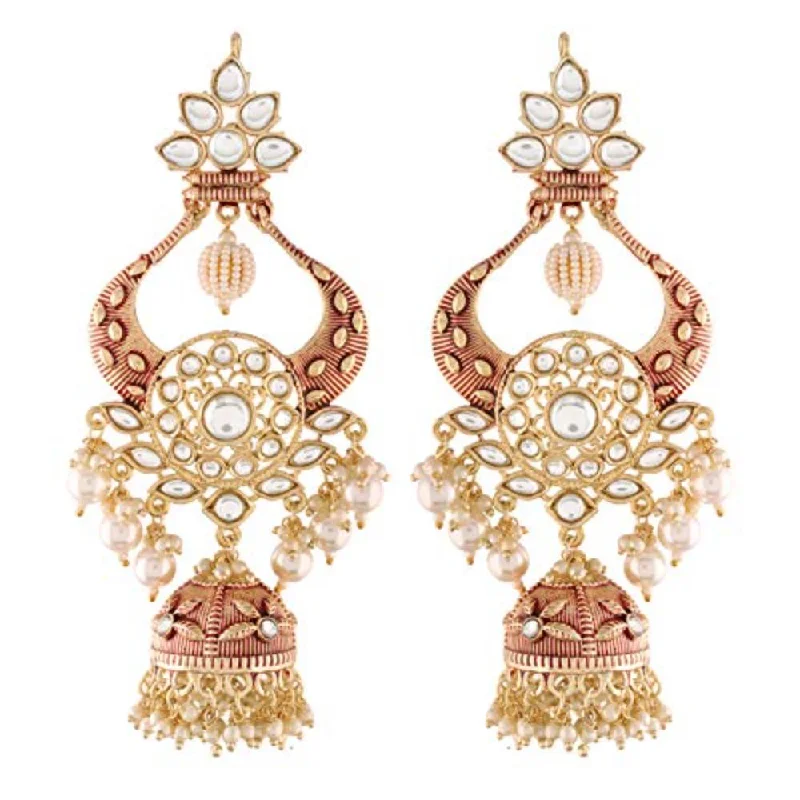 Gemstone and Diamond Drop Earrings for Opulence -Etnico 18K Gold Plated Intricately Designed Traditional Red Enamel Glided With Kundans & Pearls Jumka Earrings For Women (E2902M)