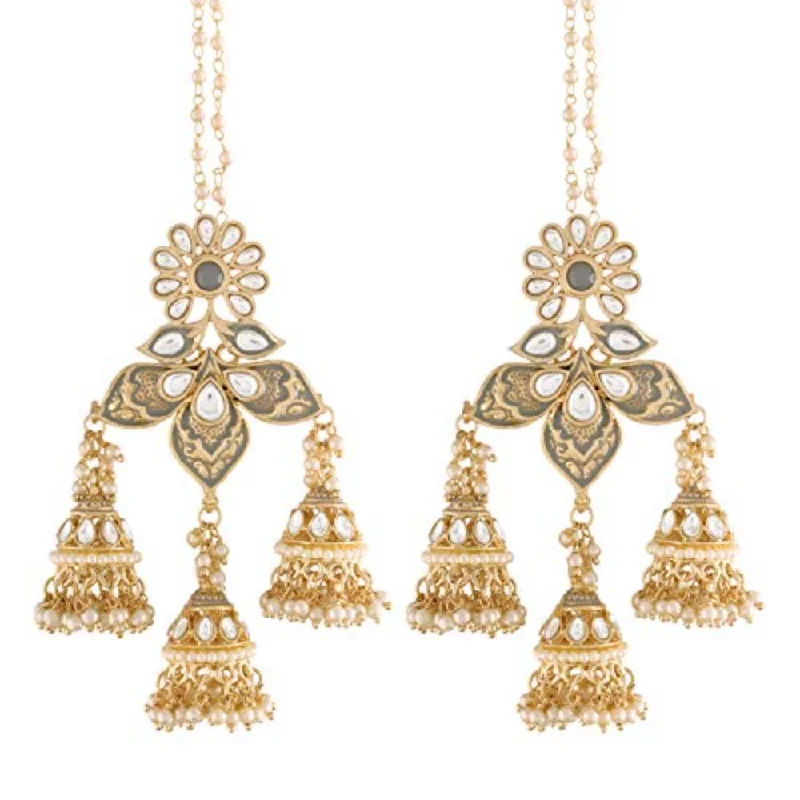 Magnetic Closure Drop Earrings for Easy -Etnico 18K Gold Plated Intricately Designed Traditional with Detachable Hair Chain Encased With Kundans & Pearls Jumka Earrings For Women (E2904Gr)