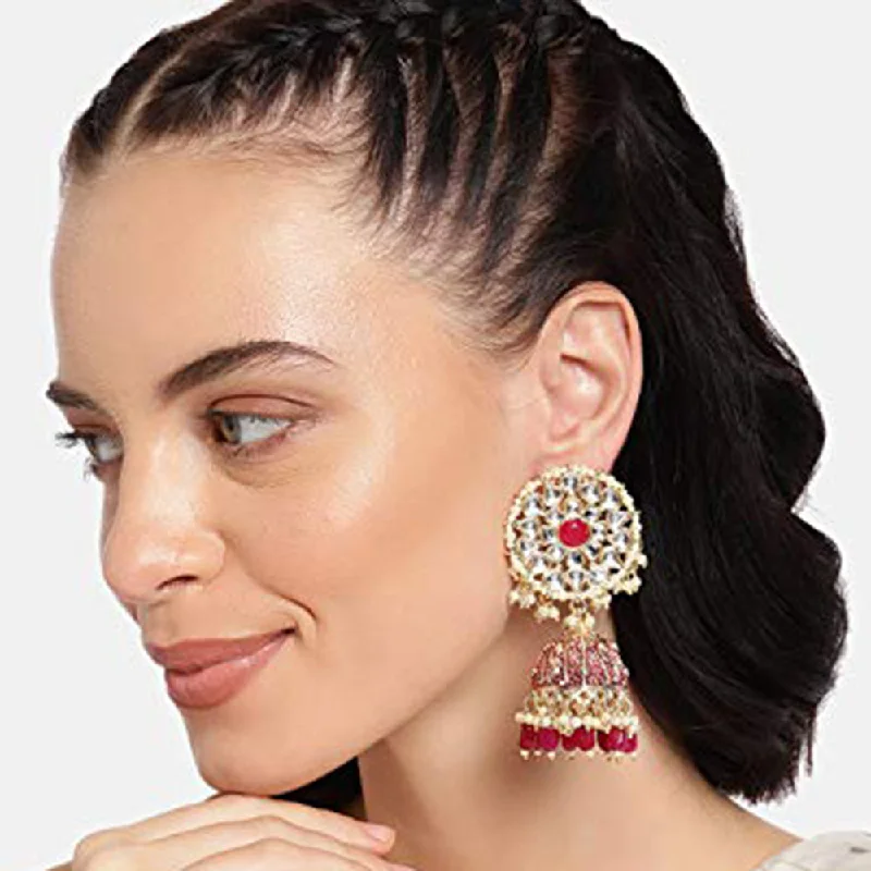 Tarnish Resistant Drop Earrings for Longevity -Etnico 18K Gold Plated Intricately Designed Traditional with Detachable Hair Chain Encased With Kundans & Pearls Jumka Earrings For Women (E2910M)