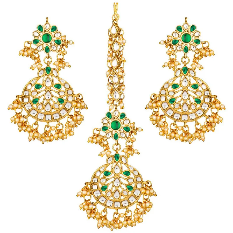 Gold Drop Earrings for Women -Etnico 18K Gold Plated Traditional Handcrafted Earrings With Maang Tikka Encased with Faux Kundan & Pearl for Women/Girls (TE2872G)