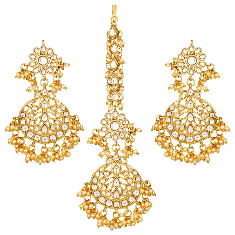 Diamond Drop Earrings for Luxury -Etnico 18K Gold Plated Traditional Handcrafted Earrings With Maang Tikka Encased with Faux Kundan & Pearl for Women/Girls (TE2872W)