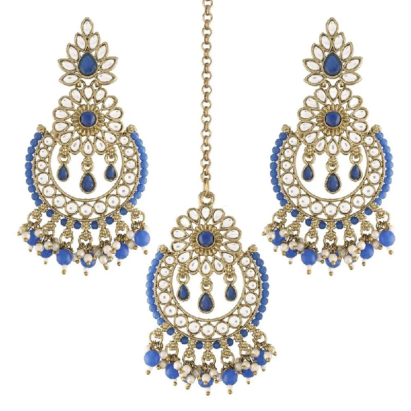 Animal Print Drop Earrings for Fun -Etnico 18K Gold Plated Traditional Handcrafted Earrings With Maang Tikka Encased with Faux Kundan & Pearl for Women/Girls (TE4001Bl)