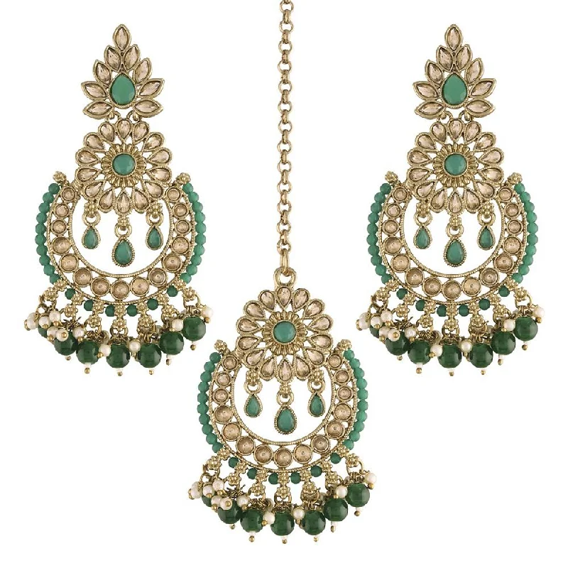 Bohemian Drop Earrings with Tassels -Etnico 18K Gold Plated Traditional Handcrafted Earrings With Maang Tikka Encased with Faux Kundan & Pearl for Women/Girls (TE4001G)