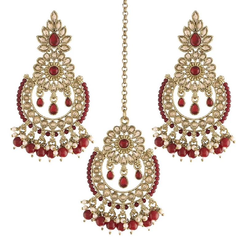 Vintage Drop Earrings with Patina -Etnico 18K Gold Plated Traditional Handcrafted Earrings With Maang Tikka Encased with Faux Kundan & Pearl for Women/Girls (TE4001M)