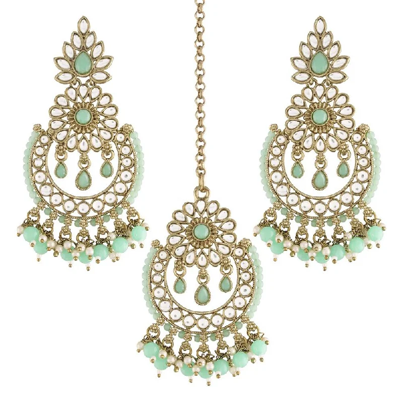 Retro Drop Earrings for Nostalgia -Etnico 18K Gold Plated Traditional Handcrafted Earrings With Maang Tikka Encased with Faux Kundan & Pearl for Women/Girls (TE4001Min)