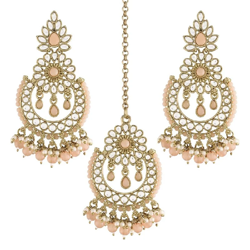 Contemporary Drop Earrings for Fashion -Etnico 18K Gold Plated Traditional Handcrafted Earrings With Maang Tikka Encased with Faux Kundan & Pearl for Women/Girls (TE4001Pe)