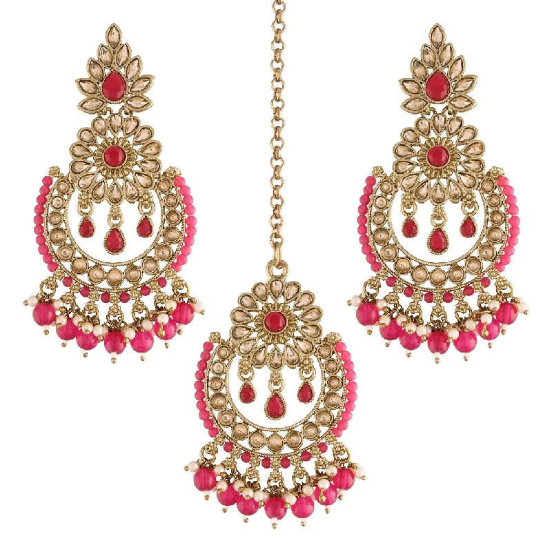 Minimalist Drop Earrings with Simplicity -Etnico 18K Gold Plated Traditional Handcrafted Earrings With Maang Tikka Encased with Faux Kundan & Pearl for Women/Girls (TE4001Q)